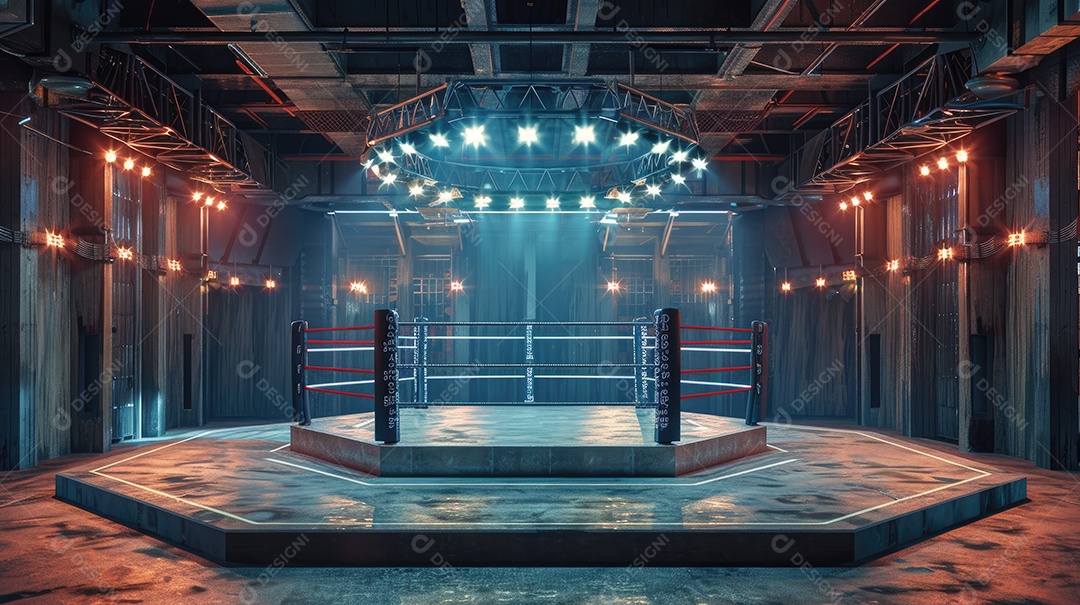 Palco octogonal com holofotes brilhando sobre ele