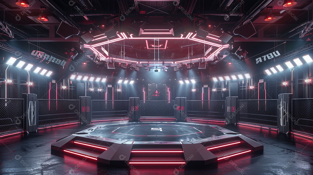 Palco octogonal com holofotes brilhando sobre ele