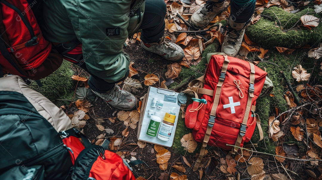 Vista superior de um kit de primeiros socorros no chão aos pés mostrando uma bolsa vermelha de medicamentos como parte do equipamento de acampamento para sobrevivência na floresta