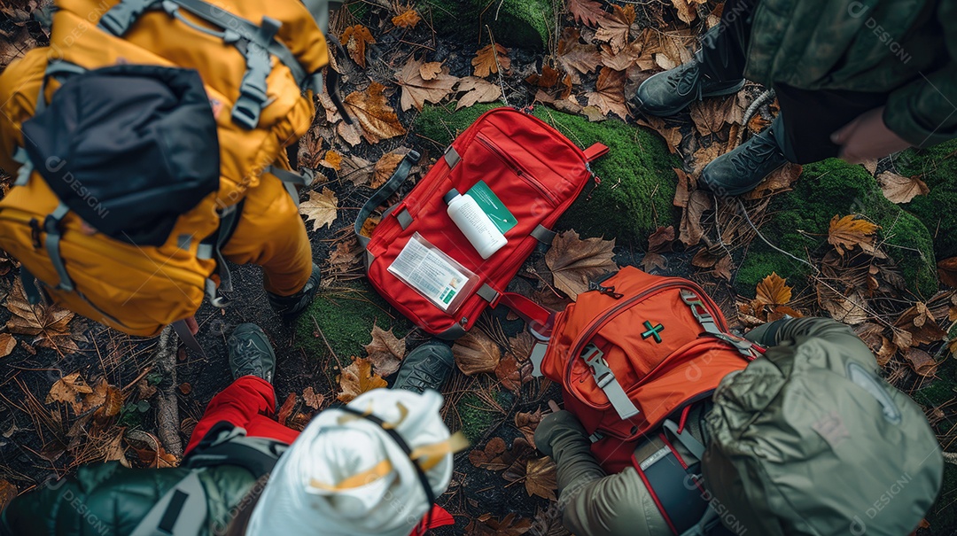 Vista superior de um kit de primeiros socorros no chão aos pés mostrando uma bolsa vermelha de medicamentos como parte do equipamento de acampamento para sobrevivência na floresta