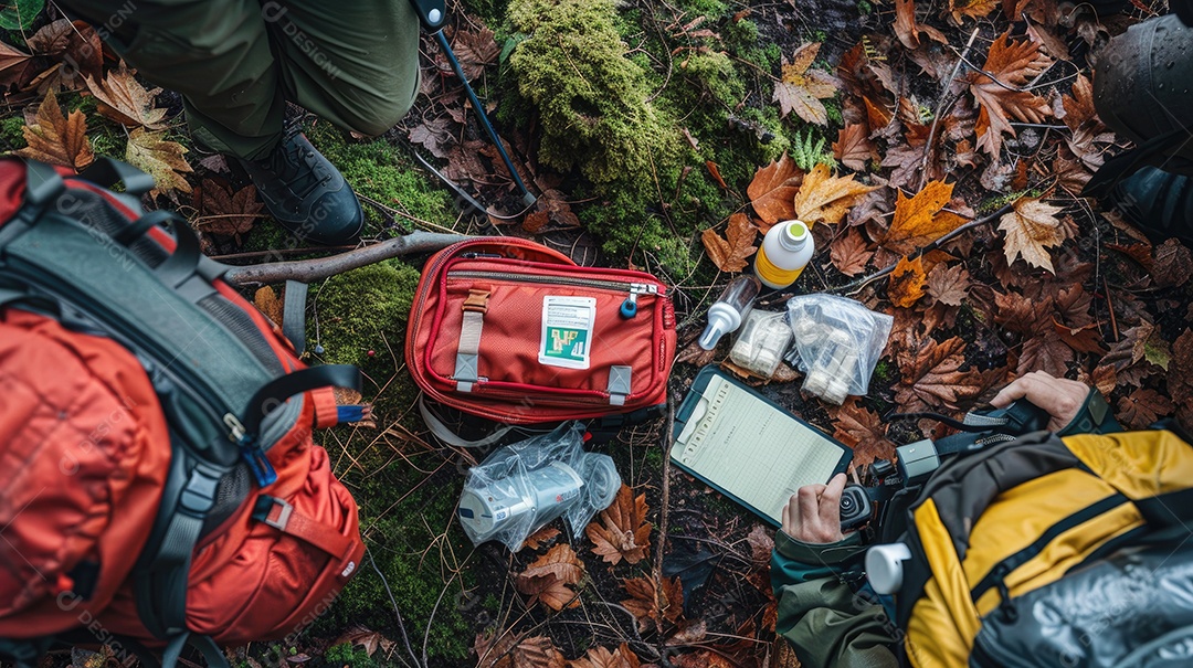 Vista superior de um kit de primeiros socorros no chão aos pés mostrando uma bolsa vermelha de medicamentos como parte do equipamento de acampamento para sobrevivência na floresta