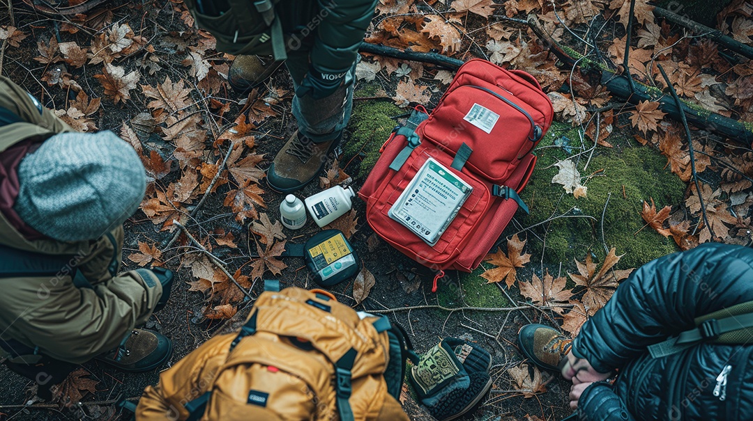 Vista superior de um kit de primeiros socorros no chão aos pés mostrando uma bolsa vermelha de medicamentos como parte do equipamento de acampamento para sobrevivência na floresta