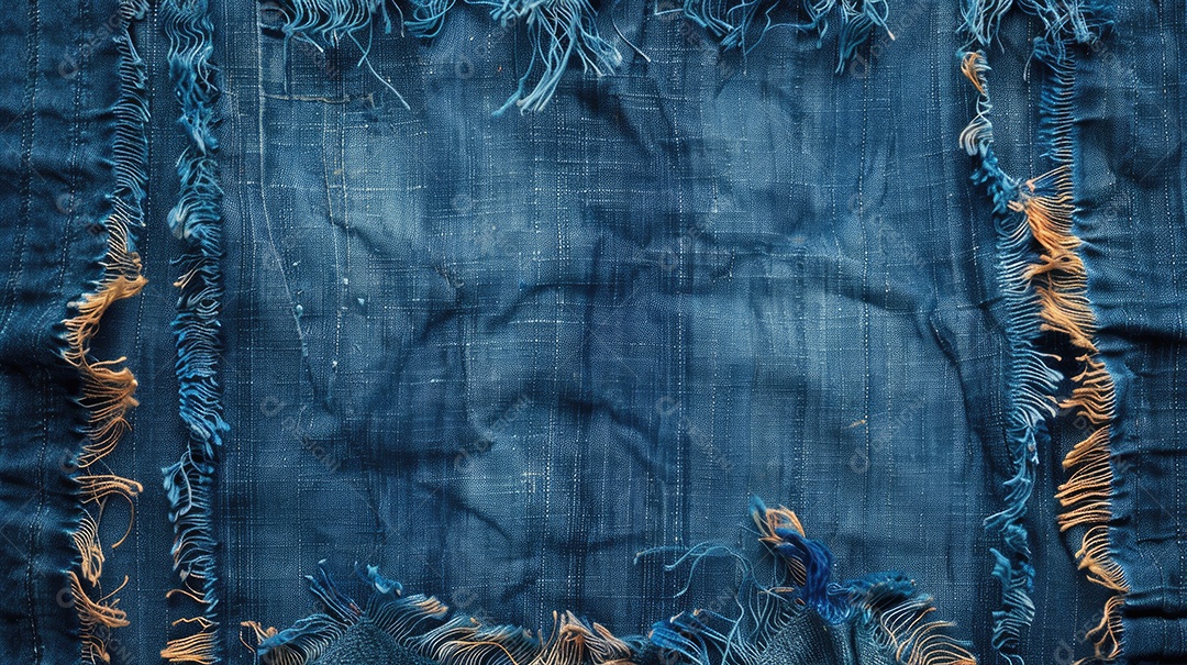 Uma imagem de espaço de cópia de tecido jeans rasgado e destruído com textura de jeans azul rasgado