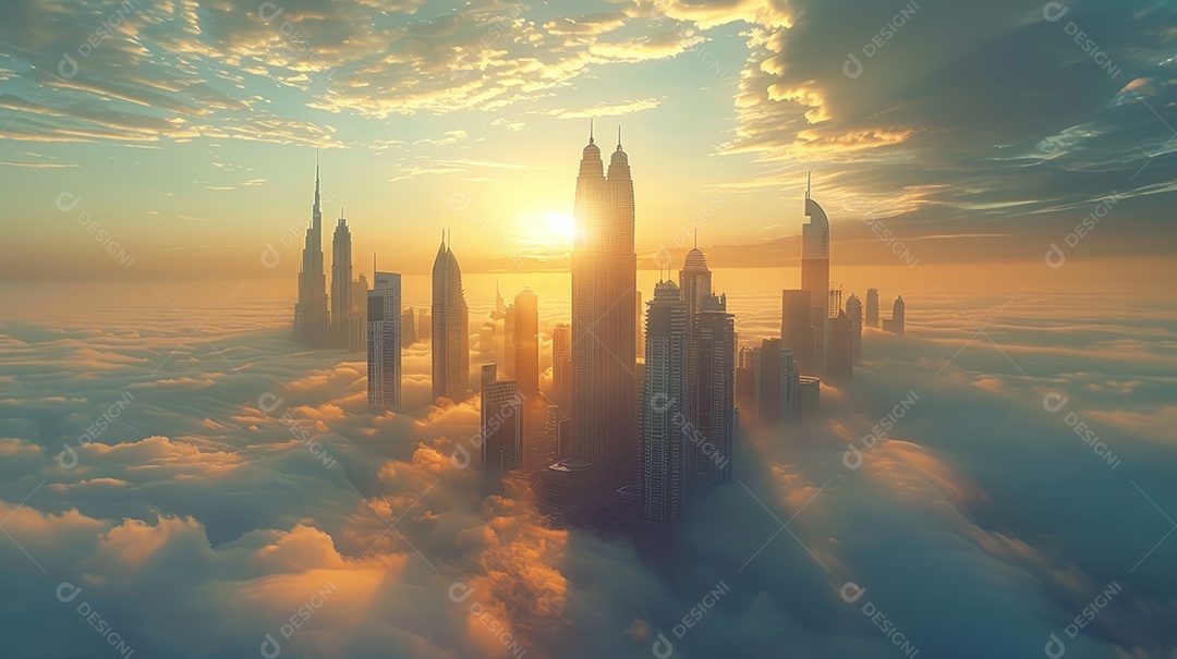 Centro da cidade com arranha-céus imersos em neblina