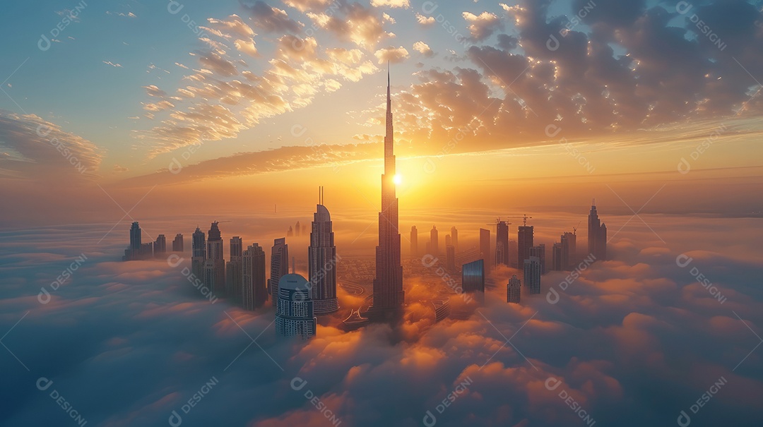 Centro da cidade com arranha-céus imersos em neblina