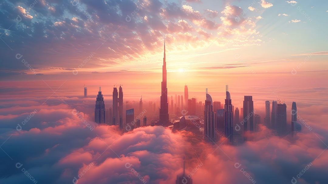 Centro da cidade com arranha-céus imersos em neblina