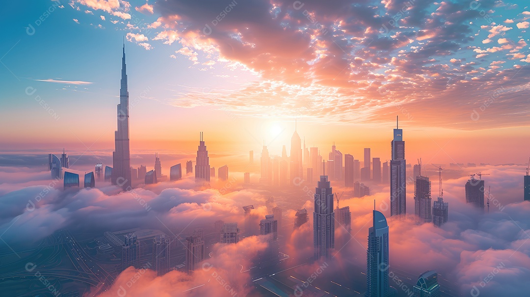 Centro da cidade com arranha-céus imersos em neblina