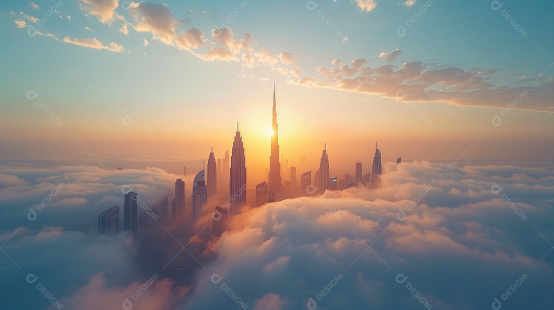 Centro da cidade com arranha-céus imersos em neblina