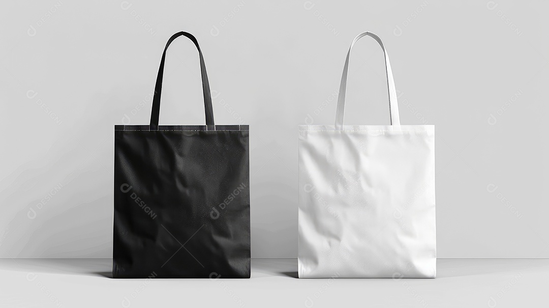 Duas bolsas de lona de algodão pretas e brancas sobre fundo branco isolado