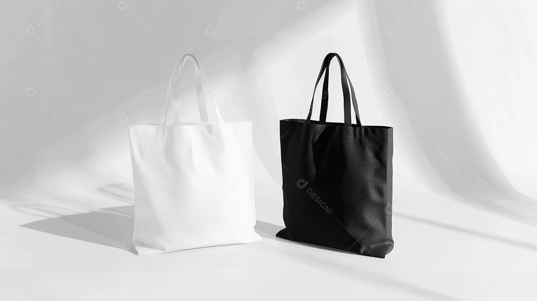 Duas bolsas de lona de algodão pretas e brancas sobre fundo branco isolado