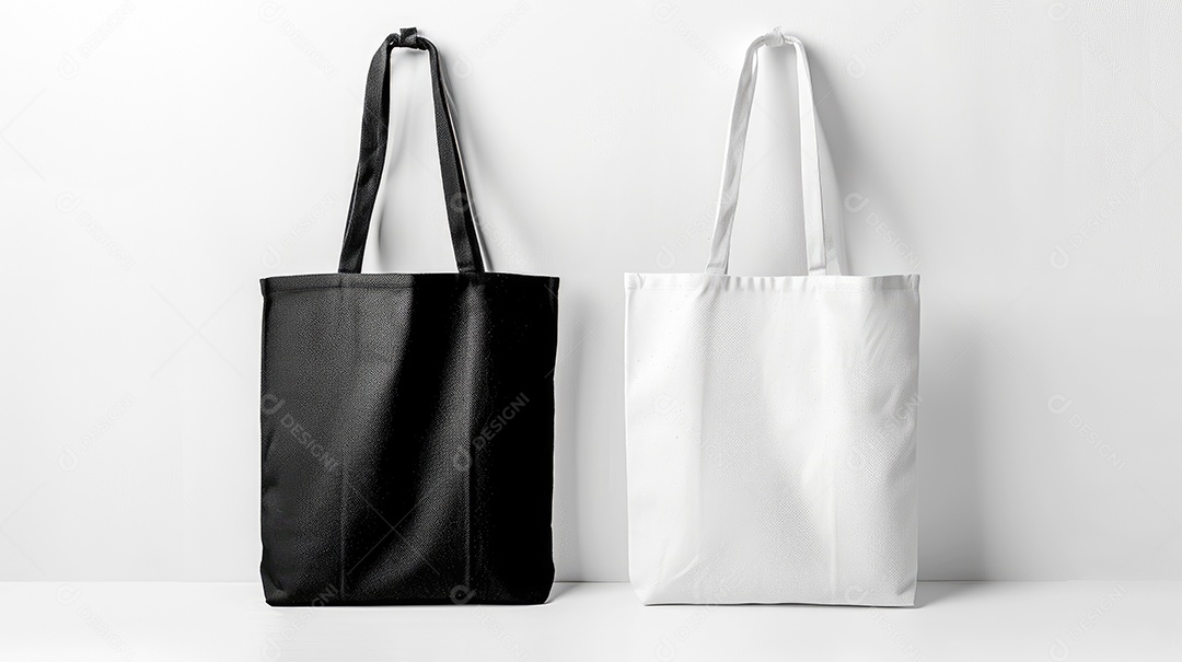 Duas bolsas de lona de algodão pretas e brancas sobre fundo branco isolado