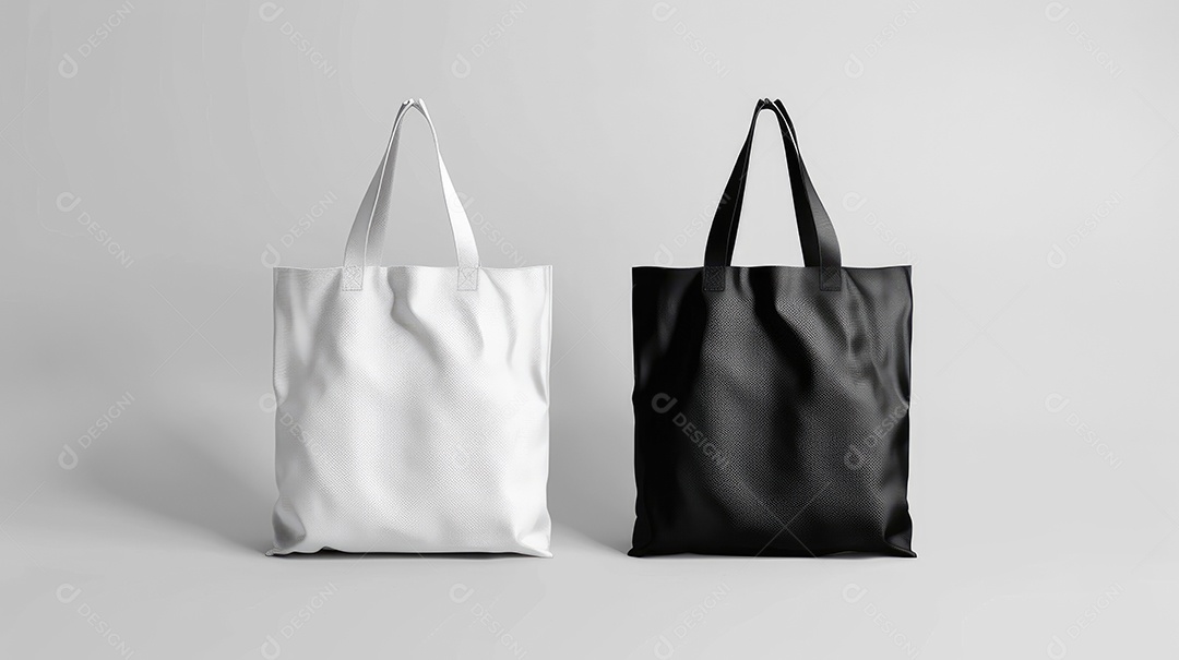 Duas bolsas de lona de algodão pretas e brancas sobre fundo branco isolado