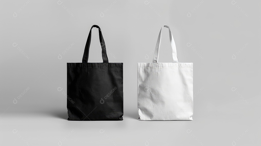 Duas bolsas de lona de algodão pretas e brancas sobre fundo branco isolado