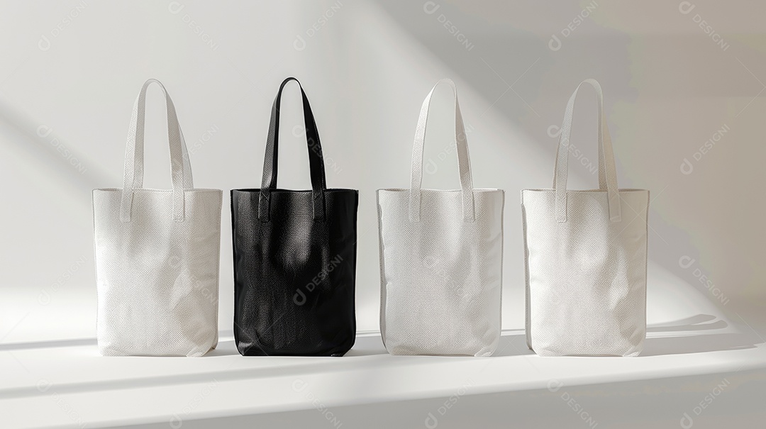 Quatro bolsas de lona de algodão pretas e brancas sobre fundo branco isolado