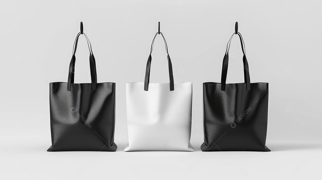 Três bolsas de lona de algodão pretas e brancas sobre fundo branco isolado