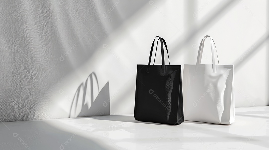 Duas bolsas de lona de algodão pretas e brancas sobre fundo branco isolado