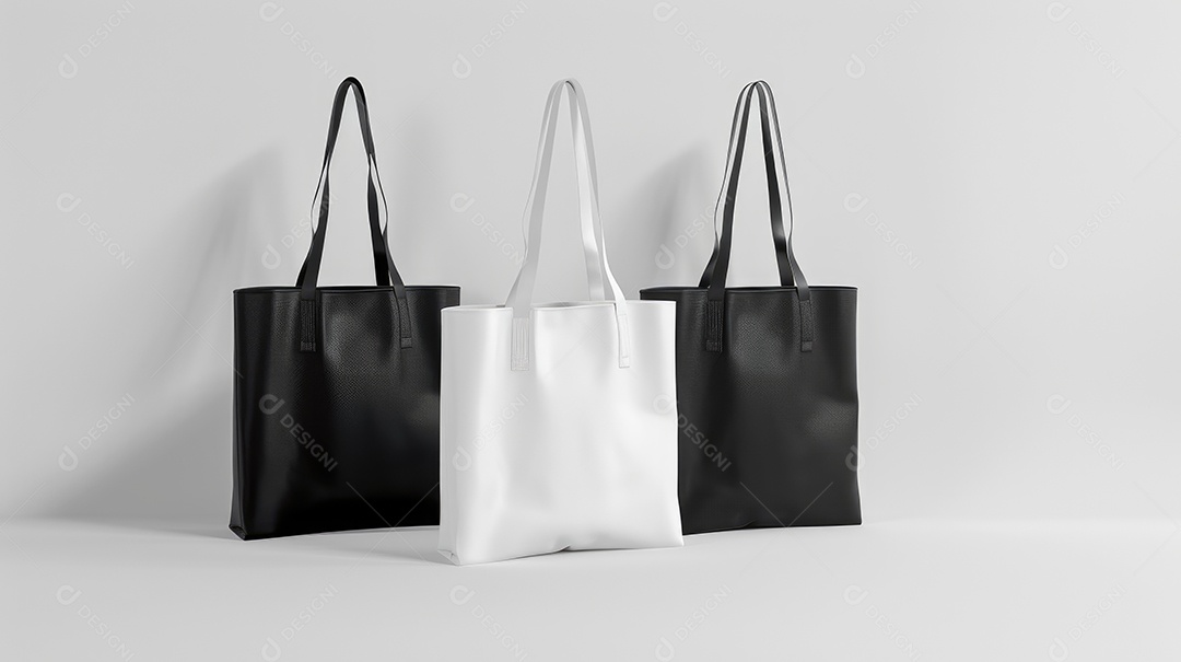 Três bolsas de lona de algodão pretas e brancas sobre fundo branco isolado