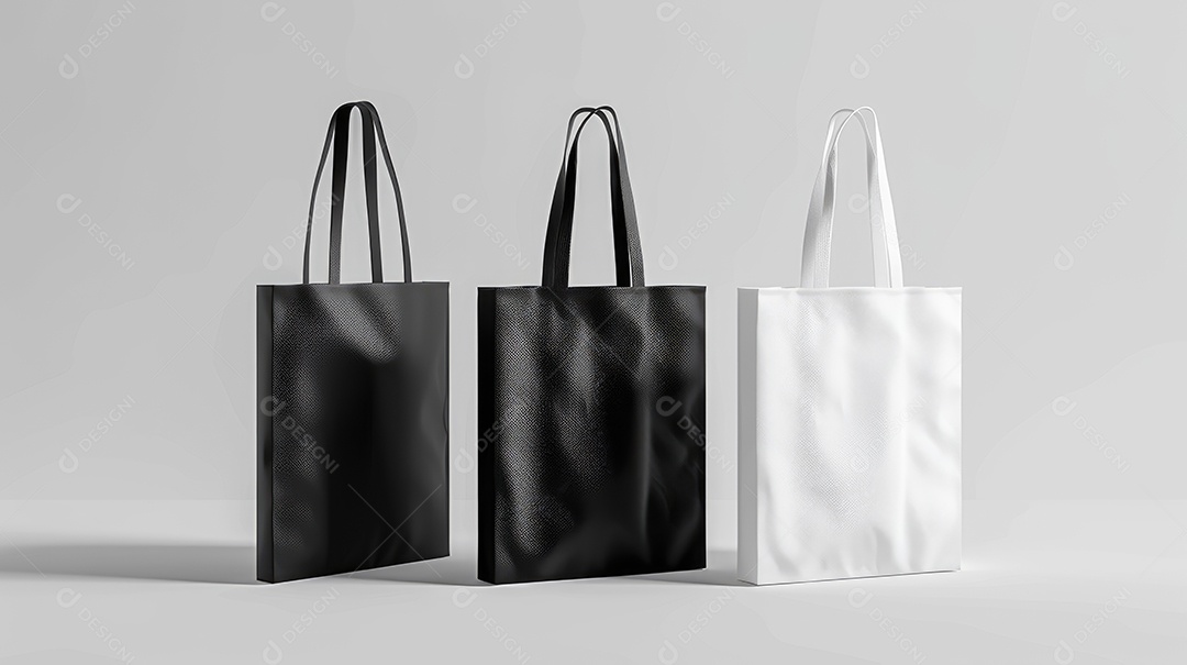Três bolsas de lona de algodão pretas e brancas sobre fundo branco isolado