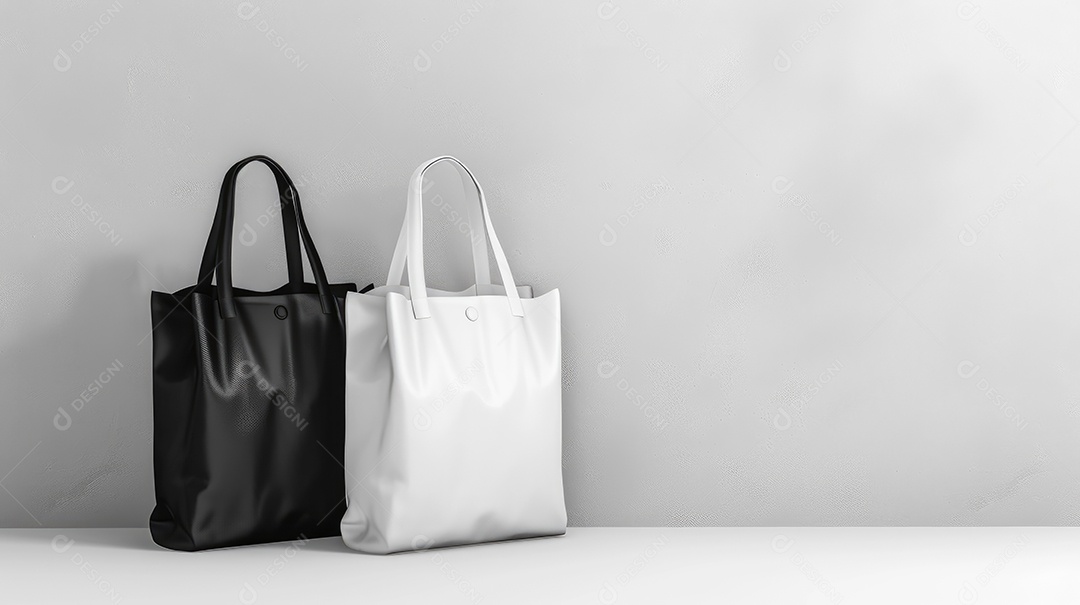 Duas bolsas de lona de algodão pretas e brancas sobre fundo branco isolado