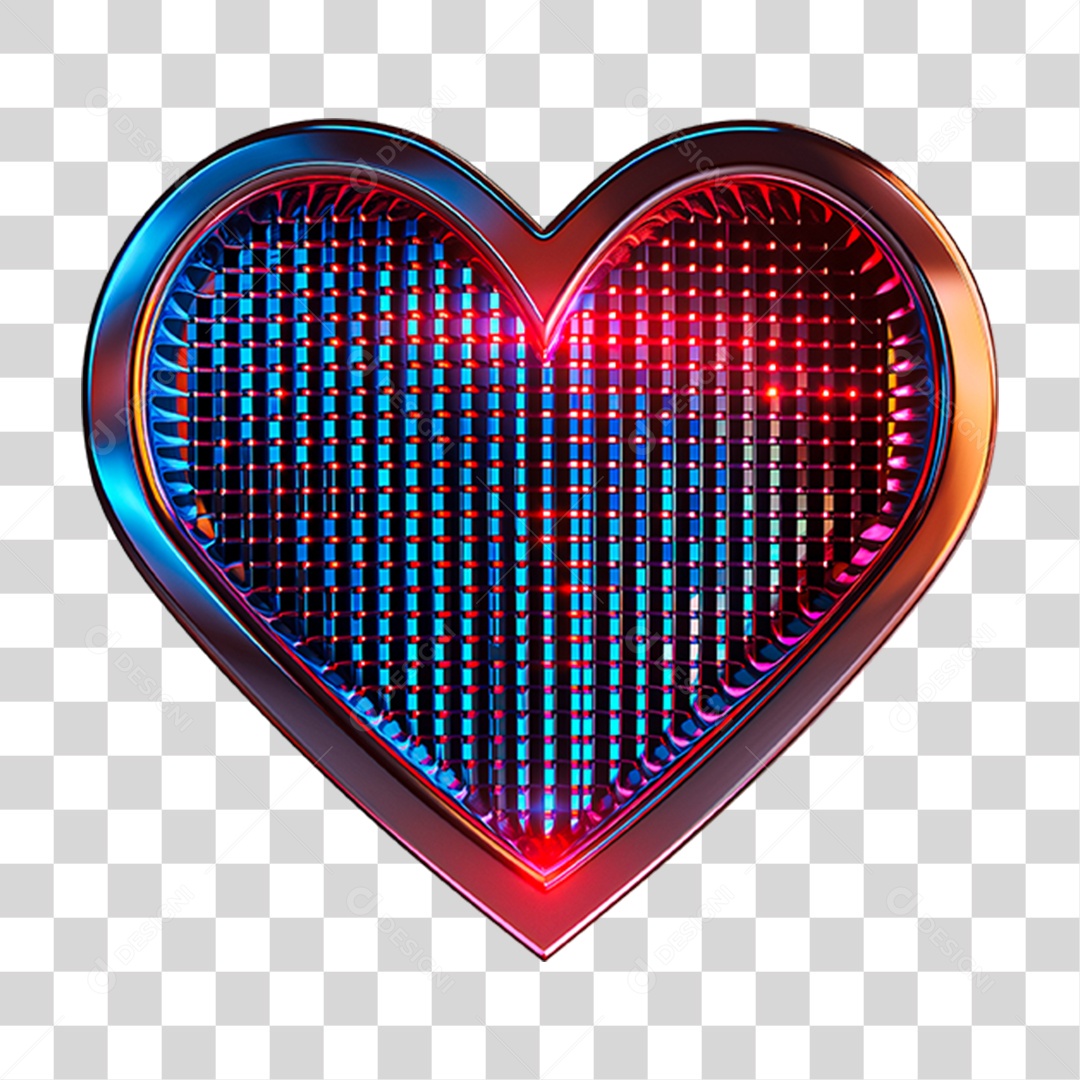 Elemento 3D Placa de Metal em Forma de Coração com Neon PNG Transparente