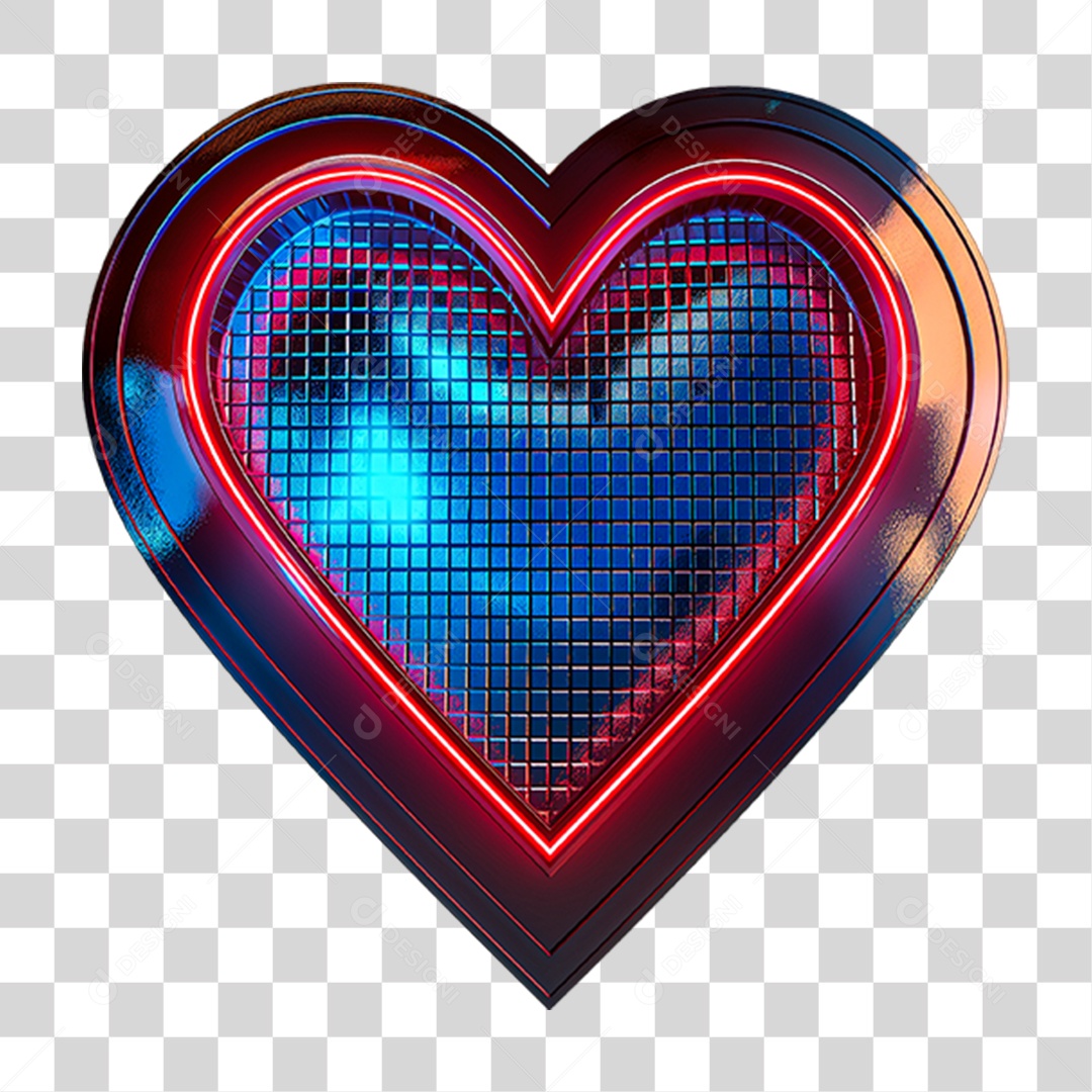 Elemento 3D Placa de Metal em Forma de Coração com Neon PNG Transparente