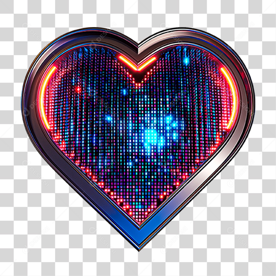 Elemento 3D Placa de Metal em Forma de Coração com Neon PNG Transparente