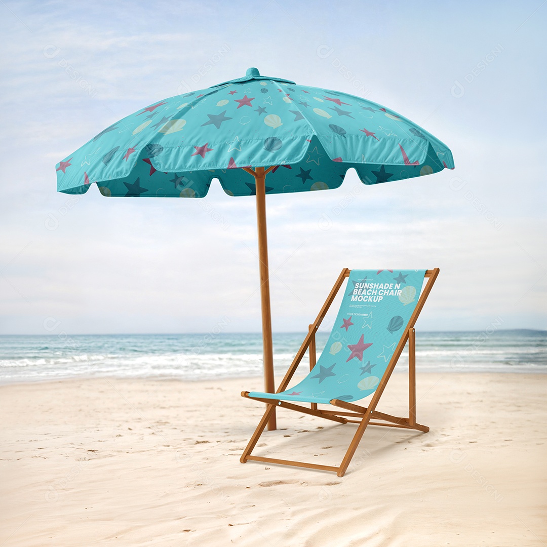 Cadeira de Praia e Guarda sol Mockup PSD Editável