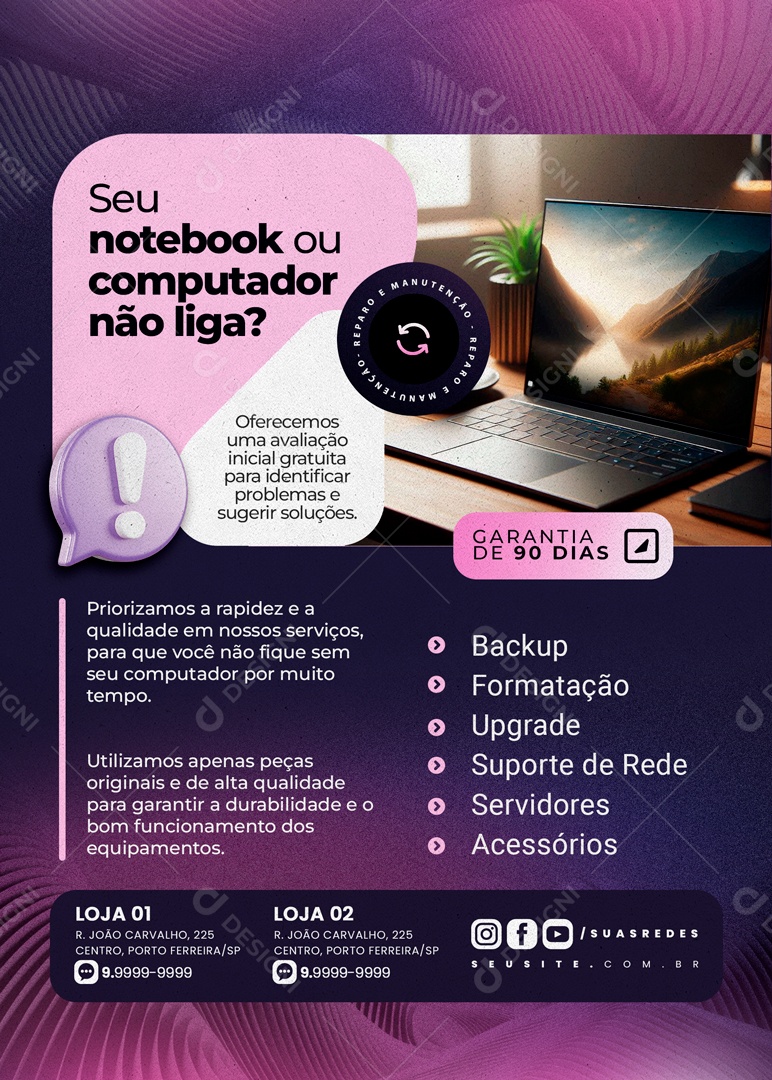 Seu Notebook ou Computador não Liga Social Media PSD Editável