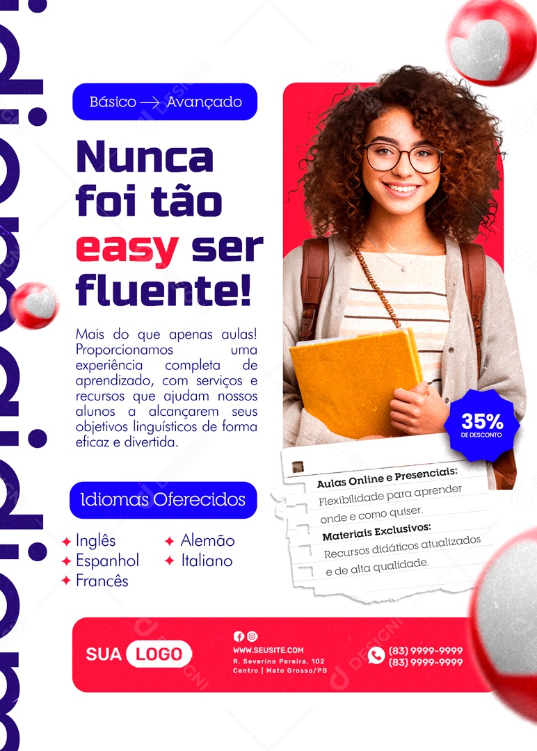 Escola de Idiomas Nunca foi tão Easy ser Fluente Social Media PSDEditável