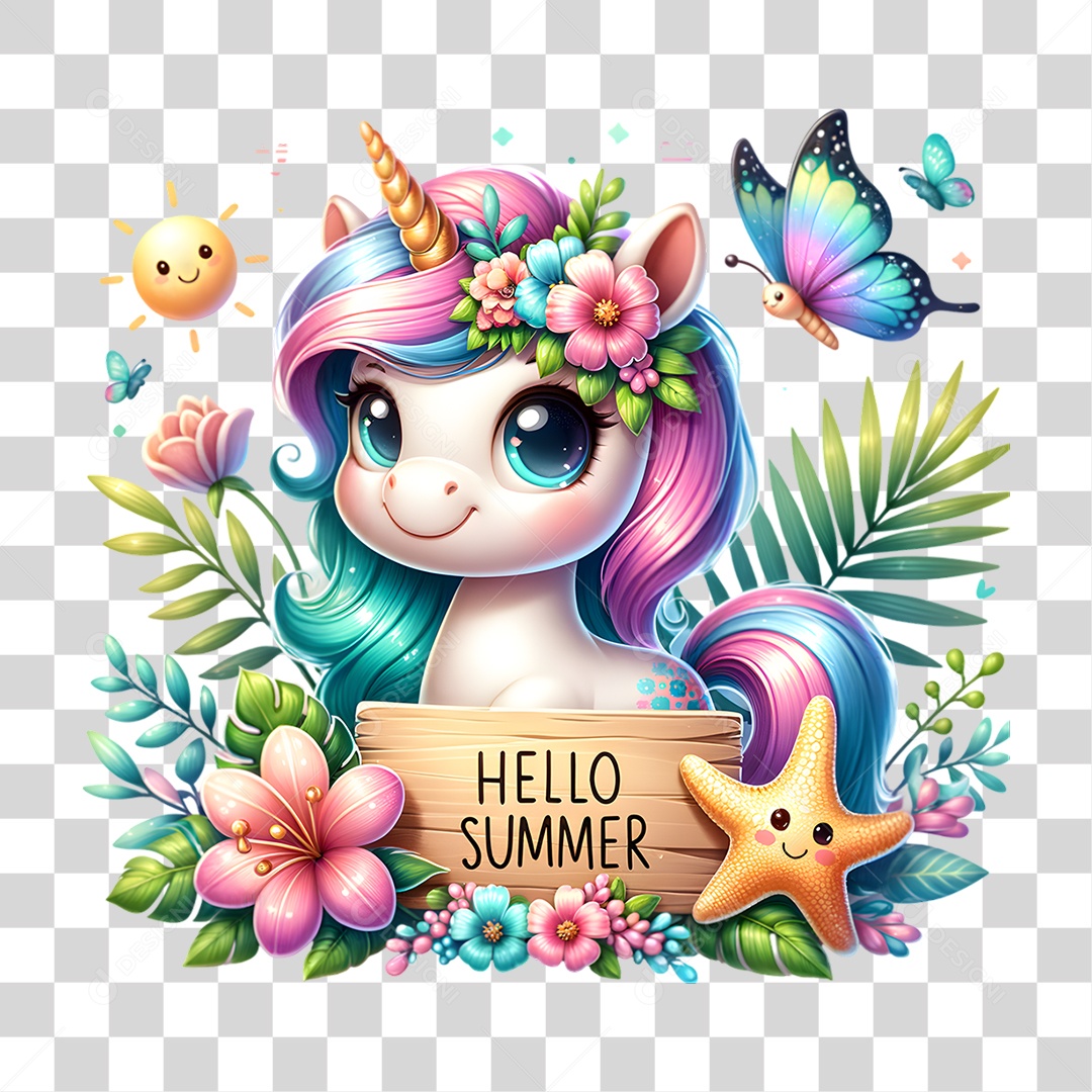 Selo 3D Hello Summer Cavalo Unicórnio PNG Transparente