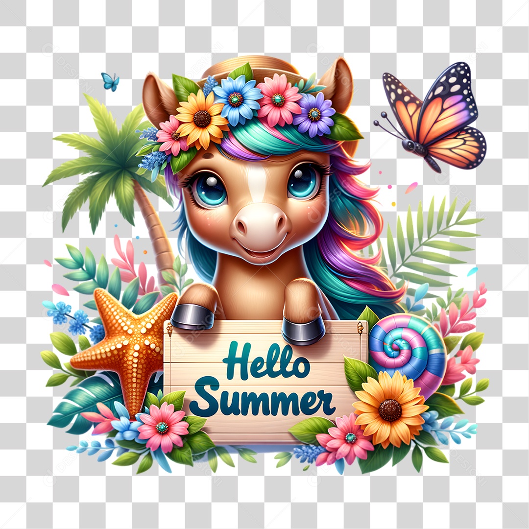 Selo 3D Hello Summer Cavalo Fofo PNG Transparente
