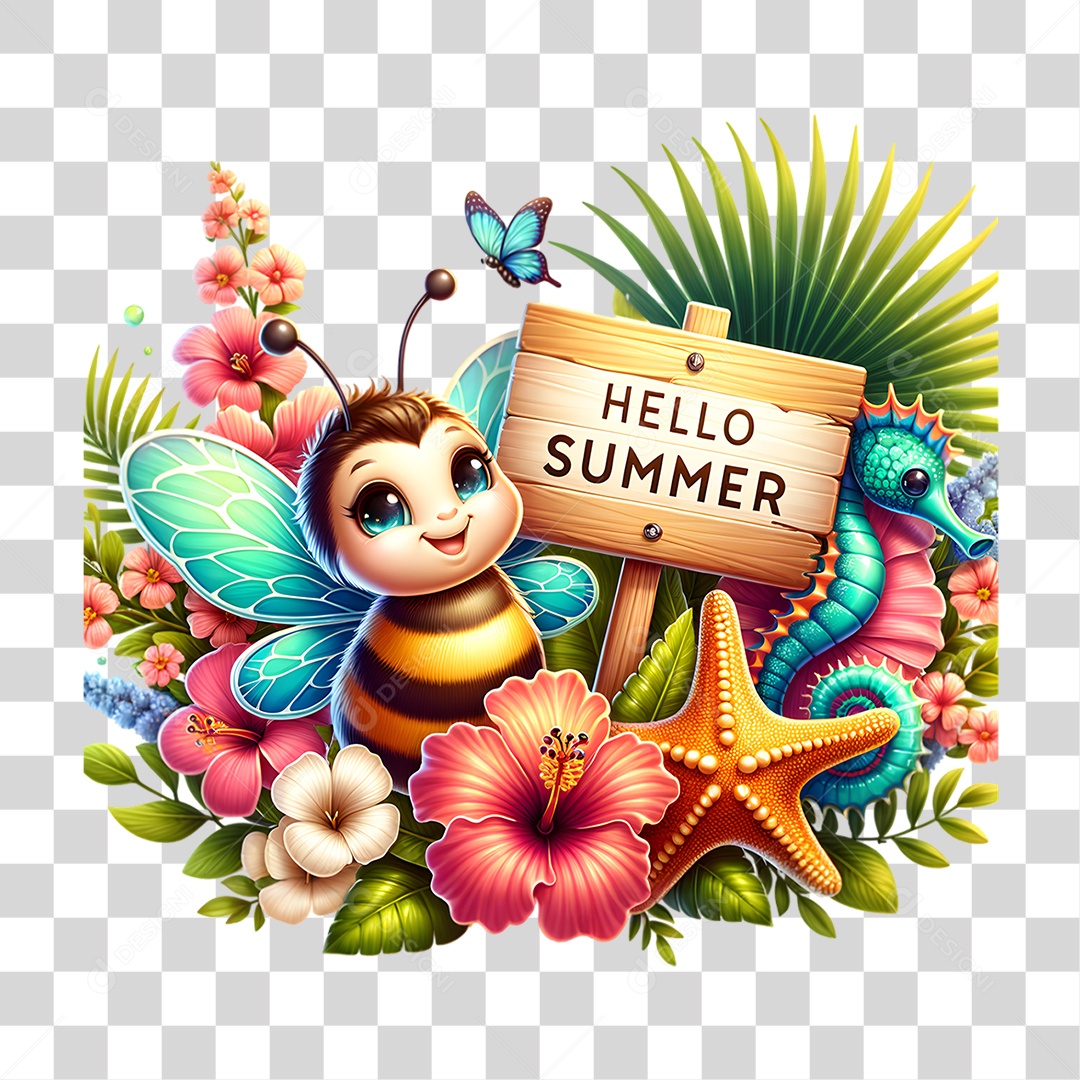 Selo 3D Hello Summer Abelha PNG Transparente