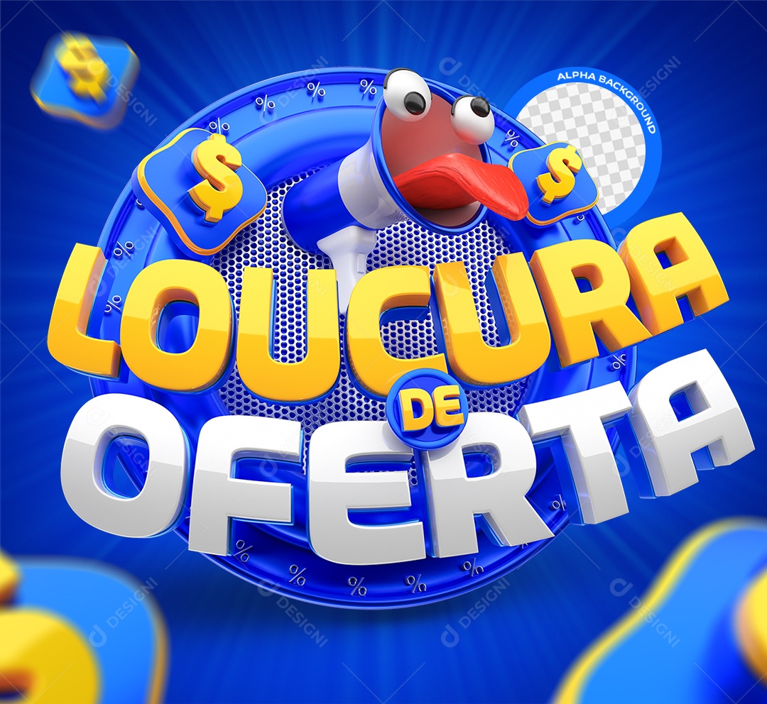 Loucura de Oferta Selo 3D Azul e Amarelo para Composição PSD