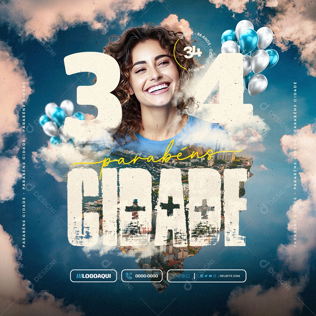 Parabéns Cidade pelos seus 34 Anos Social Media PSD Editável