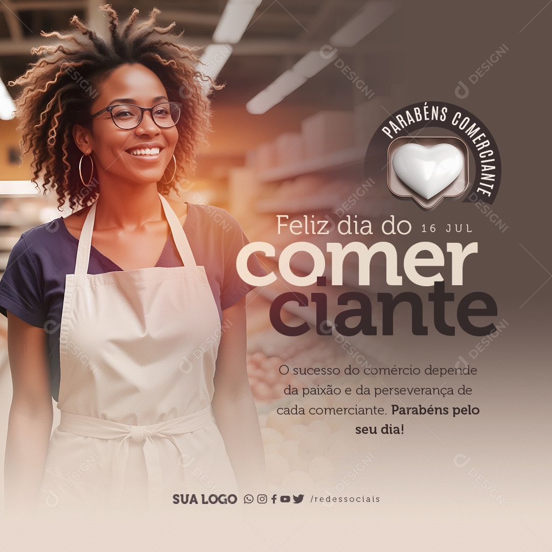 Social Media Feliz Dia do Comerciante 16 de Julho Parabéns PSD Editável