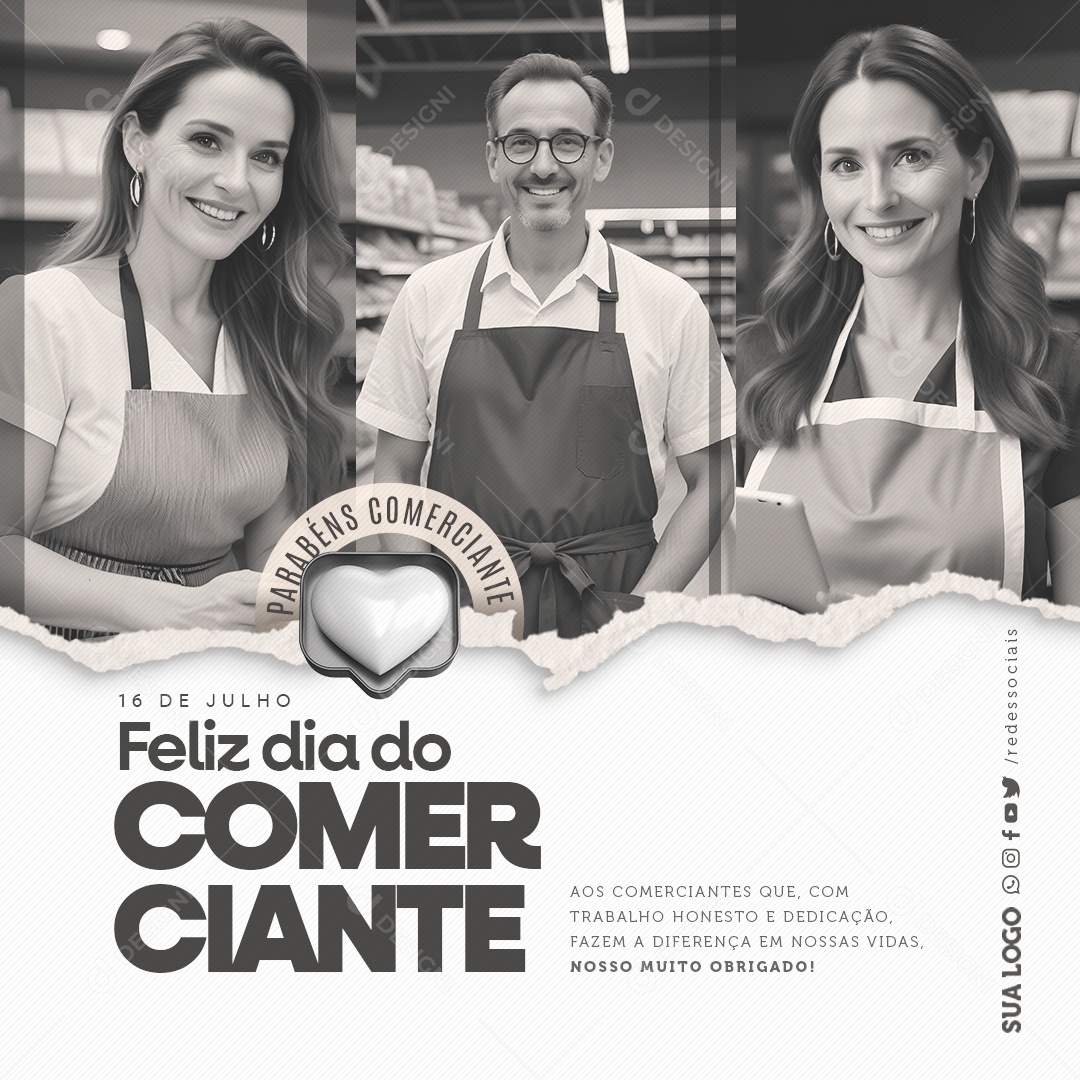 Feliz Dia do Comerciante 16 de Julho Parabéns Social Media PSD Editável