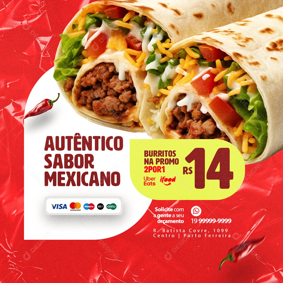 Autêntico Sabor Mexicano Burritos na Promo Social Media PSD Editável