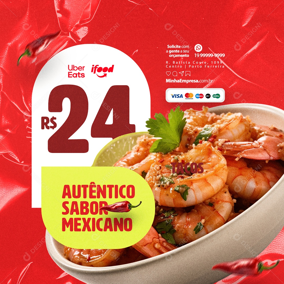 Autêntico Sabor Mexicano Tacos Social Media PSD Editável