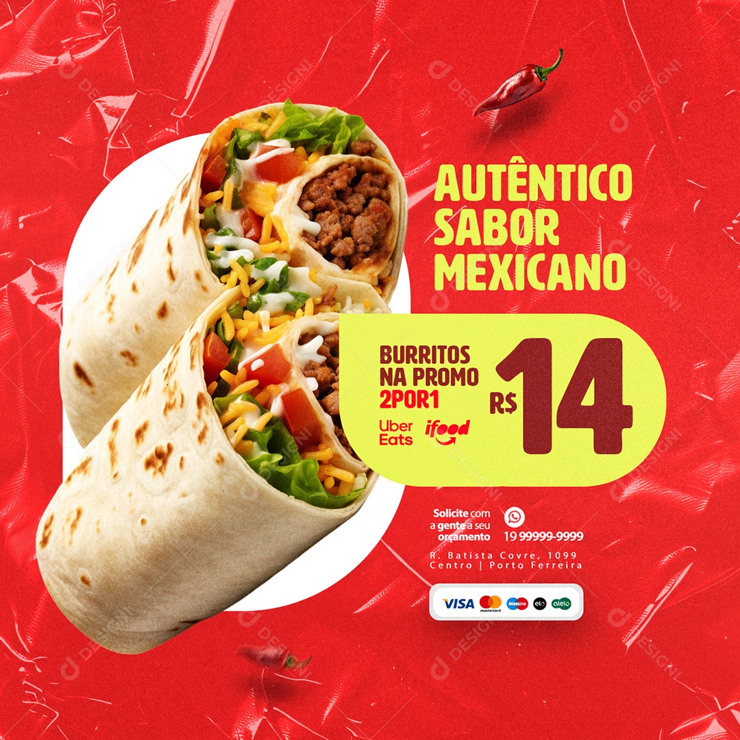 Autêntico Sabor Mexicano Burritos Social Media PSD Editável