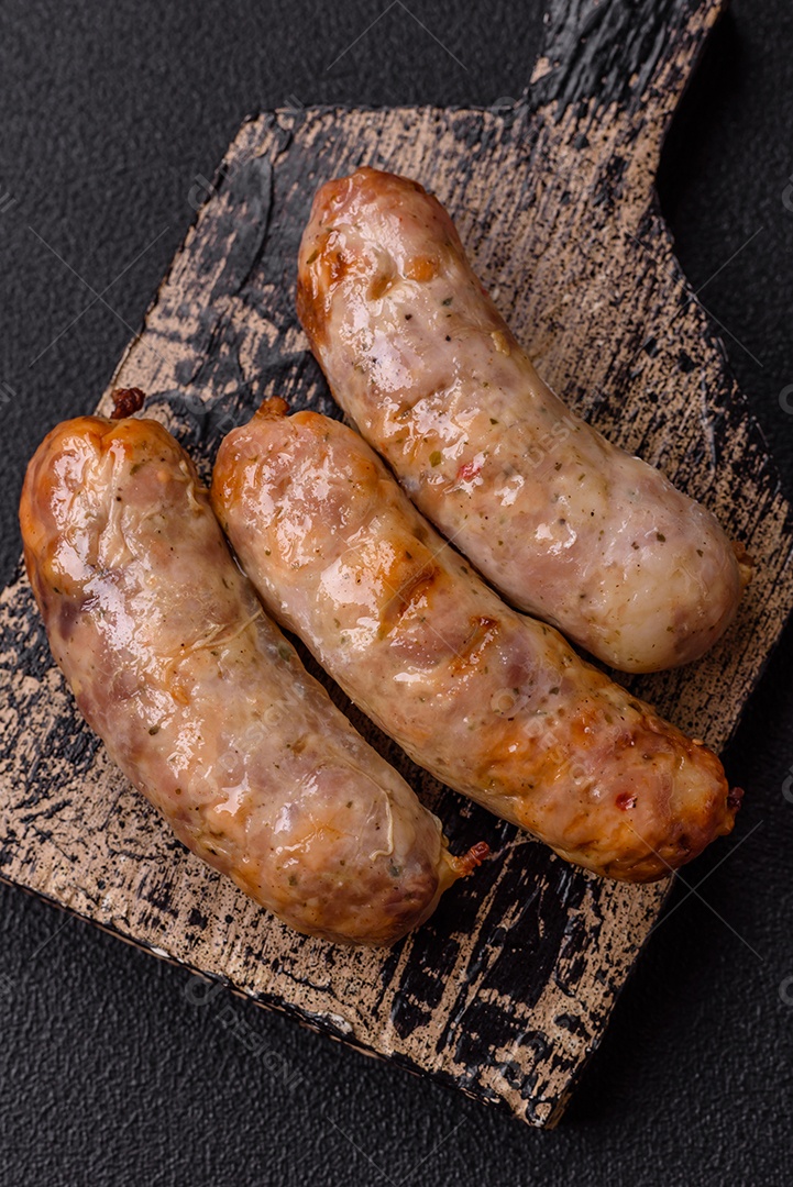 Frango assado ou salsichas de porco, sal, especiarias e ervas sobre um fundo escuro de concreto