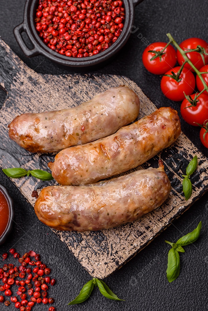 Frango assado ou salsichas de porco, sal, especiarias e ervas sobre um fundo escuro de concreto