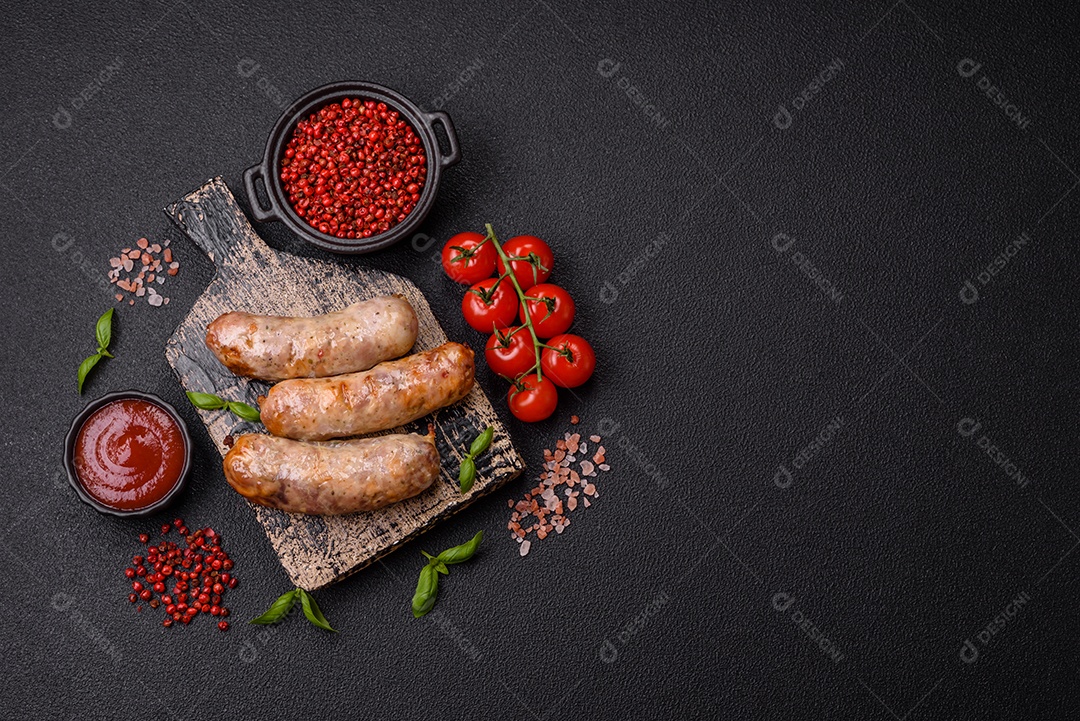 Frango assado ou salsichas de porco, sal, especiarias e ervas sobre um fundo escuro de concreto