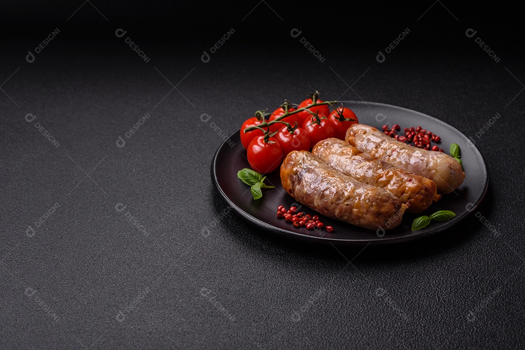 Frango assado ou salsichas de porco, sal, especiarias e ervas sobre um fundo escuro de concreto