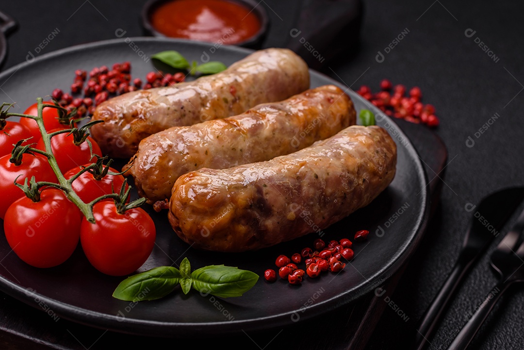 Frango assado ou salsichas de porco, sal, especiarias e ervas sobre um fundo escuro de concreto