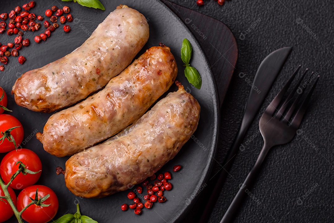 Frango assado ou salsichas de porco, sal, especiarias e ervas sobre um fundo escuro de concreto