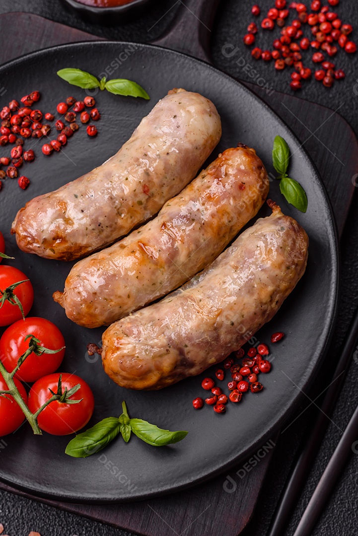 Frango assado ou salsichas de porco, sal, especiarias e ervas sobre um fundo escuro de concreto