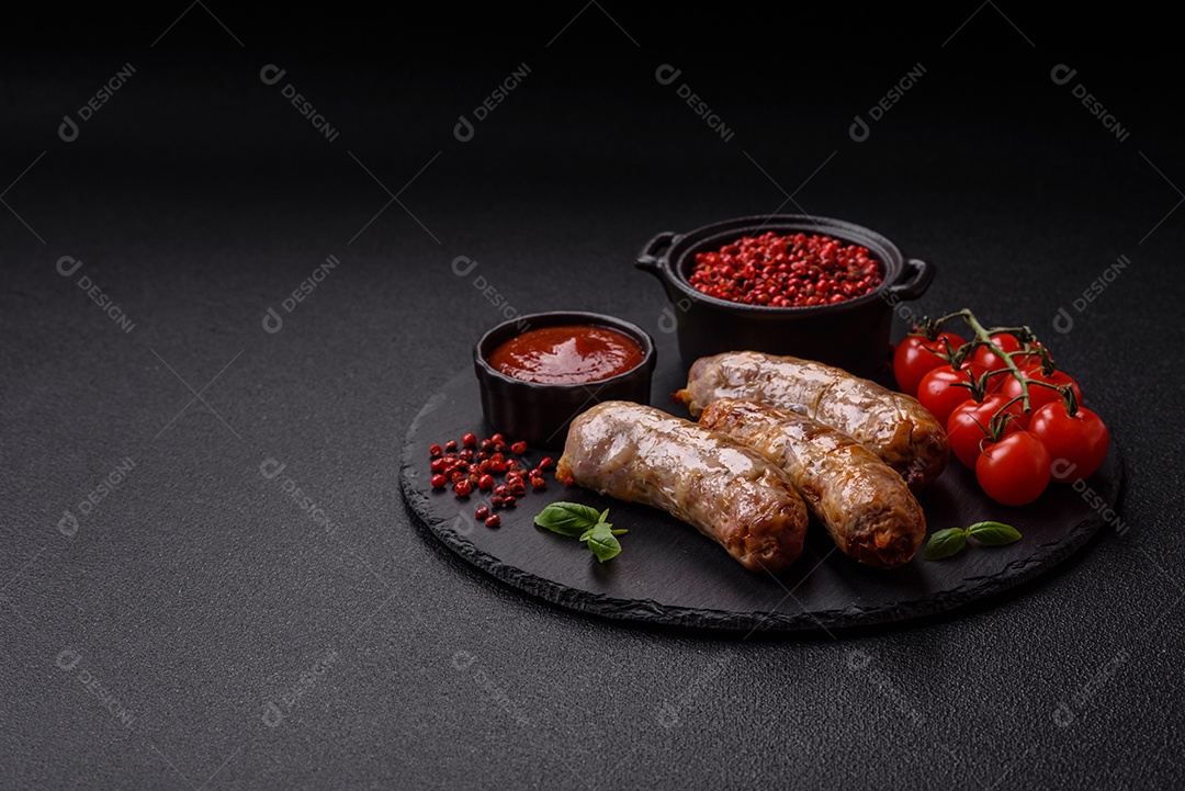 Frango assado ou salsichas de porco, sal, especiarias e ervas sobre um fundo escuro de concreto