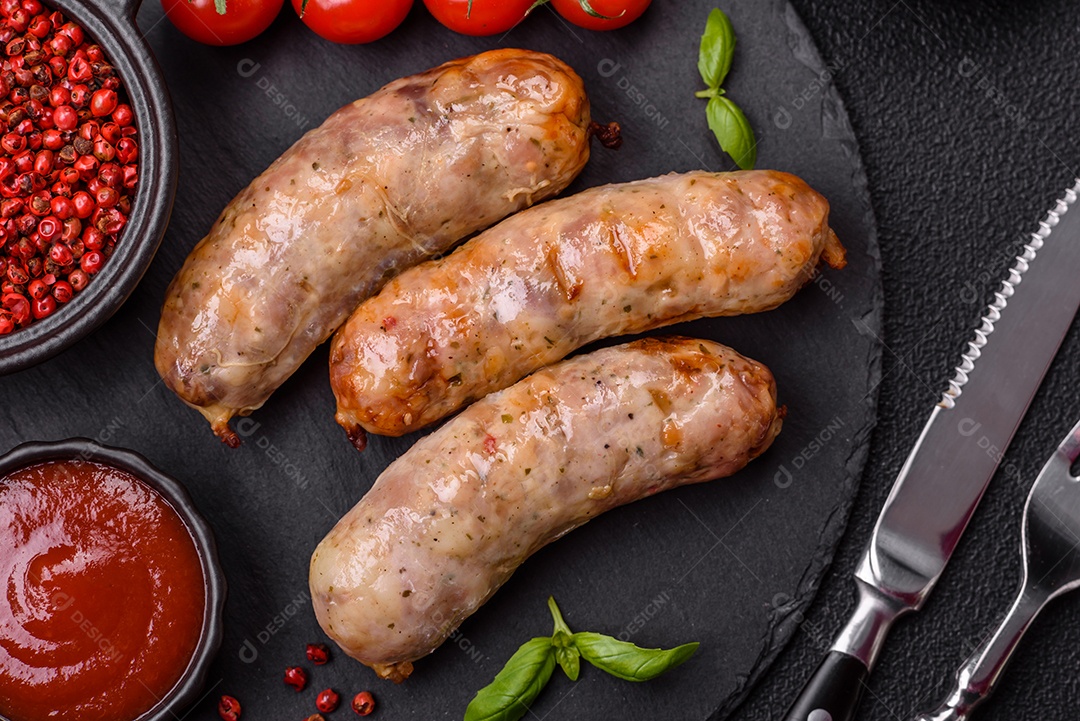 Frango assado ou salsichas de porco, sal, especiarias e ervas sobre um fundo escuro de concreto