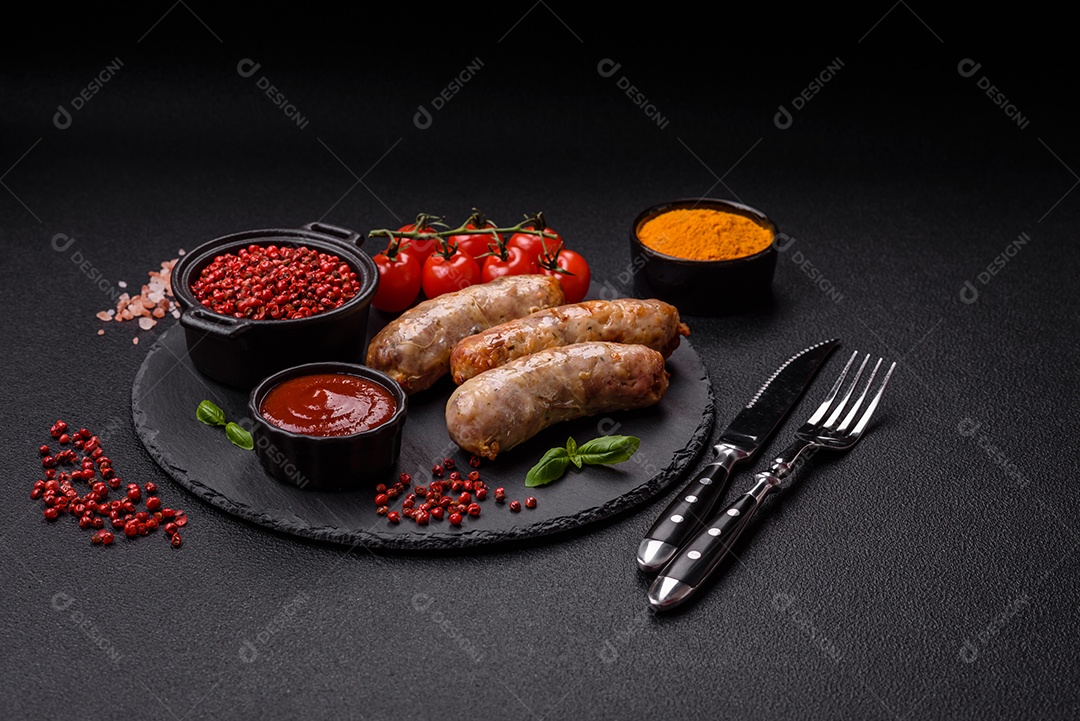 Frango assado ou salsichas de porco, sal, especiarias e ervas sobre um fundo escuro de concreto