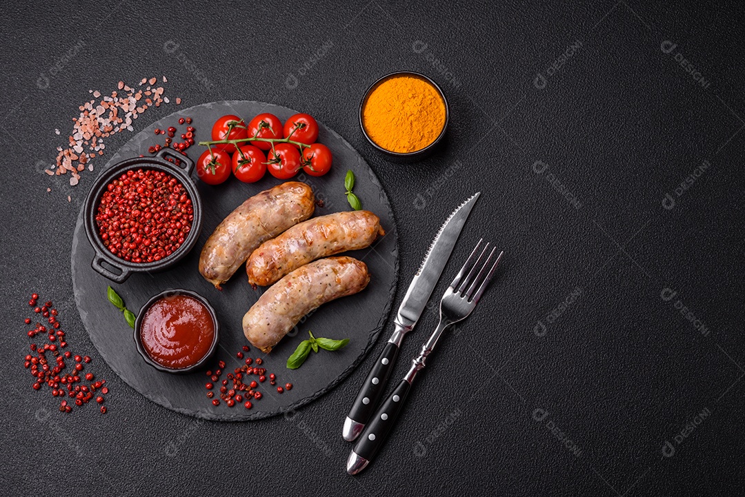 Frango assado ou salsichas de porco, sal, especiarias e ervas sobre um fundo escuro de concreto